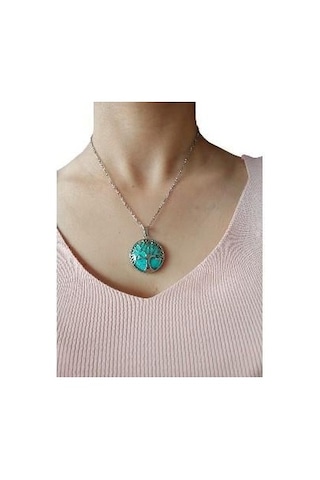 Turkuaz Doğal Taşlı Hayat Ağacı Çelik Kolye - Kadın Mor