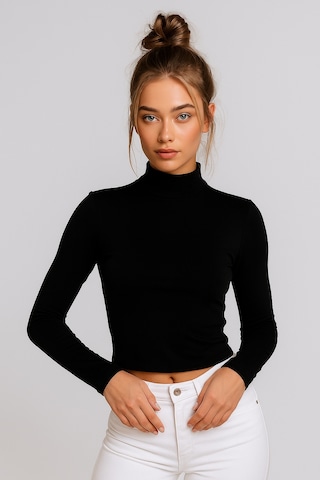 Rich Kadın Siyah Yarım Balıkçı Yaka Uzun Kollu Crop Bluz Siyah