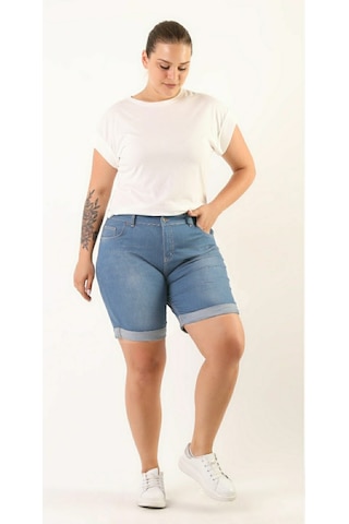 Kadın Büyük Beden Duble Paça Kot Şort Mavi Açık Mavi