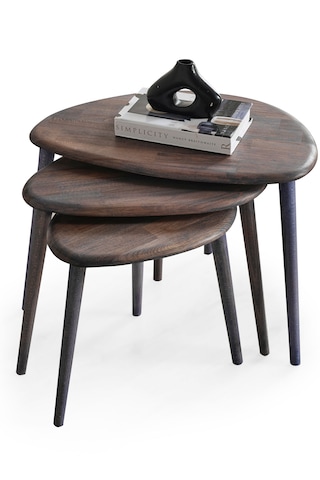 Masif Doğal Ahşap Zigon Sehpa 3'lü Set, Modern Antrasit Yan Sehpa