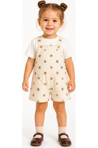 Eray Alp Kids Unisex Çocuk Baskılı Ayıcık Salopet Alt Üst Takım Yazlık Günlük Model Çok Renkli