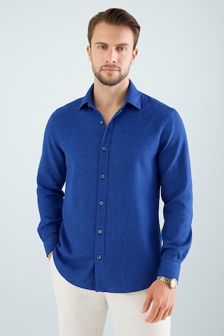 Rahat Kesim Keten Dokulu Gömlek Saks Mavisi