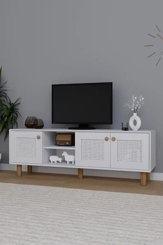 Bohem Serisi Natura Mat Beyaz Pvc Hasır Desen Tv Ünitesi Beyaz