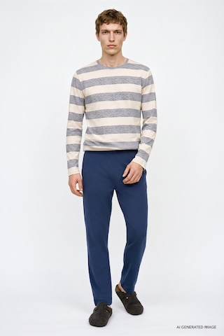 Ac&Co / Altınyıldız Classics Erkek Indıgo Ekru 2'li Yumuşak Dokulu %100 Pamuk Standart Fit Bisiklet Yaka Yan Cepli Çizgili Pijama Takımı