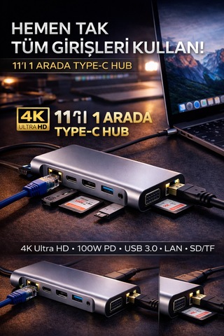11in1 Type-c Hub Usb 3.0 Hdmı 4k Vga Lan Sd/tf 100w Pd Çoklayıcı Adaptör Dönüştürücü