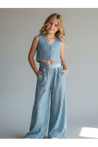 Zekids Kız Çocuk Işıltılı Yelek Pantolon Takım-16881 Mavi