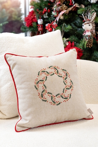 Xmas Bej Nakşlı Biyeli Kırlent Kılıfı 45x45 2550 Bej