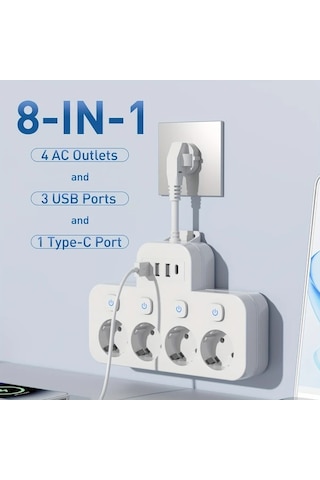 Xuweiwei 8li Güç Şeridi Siyah 4 Ac Çıkış 3 Usb Bağlantı 1 Tip-c Kompakt Duvara Monte Edilebilir Ofis Ev Seyahat İçin Avrupa Standart Fiş