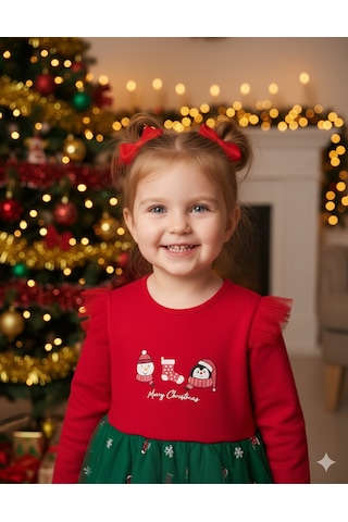 Kız Çocuk Snowman And Penguın Tüllü Yılbaşı Elbise Nbk-24915 Kırmızı