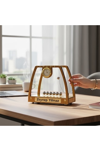 Kişiye Özel İsimli Ahşap Masaüstü Saatli Newton Denge Topları