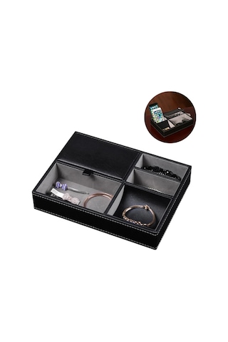 Qingmipy Deri Çok Bölmeli Aksesuar Organizatörü - Cüzdan, Takı, Anahtar Saklama Tepsisi Siyah