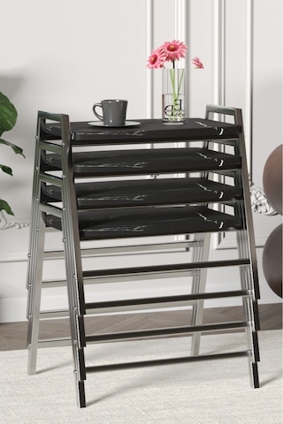 Zigon Sehpa , Aden 4'lü Tepsi Zigon Sehpa Takımı Gümüş Metal - Siyah Mermer Tabla Gümüş-siyah Mermer