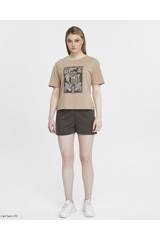 Bella Dossi Pamuklu Kısa Kollu Baskılı Kadın Şortlu Yazlık Pijama Takımı Bej