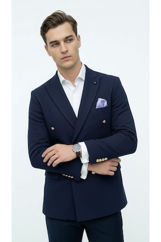 Plus Scorpion Erkek Kruvaze Blazer Ceket Slim Fit Premium Dokulu Şık Klasik Ceket Lacivert