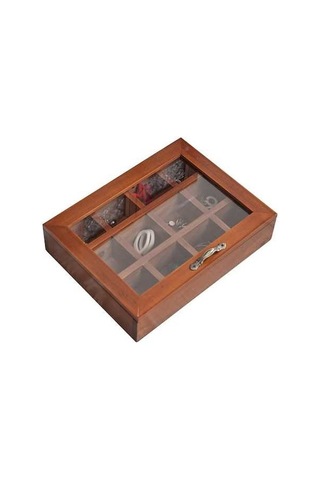Ulzyvf Ahşap Takı Organizatörü - 12 Bölmeli Şeffaf Kapaklı Kolye Küpe Yüzük Kutusu Kahverengi Kahverengi
