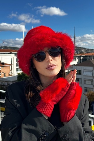 Mollycrush Kadın Kırmızı Suni Kürk Bucket Şapka Ve Eldiven Seti Kışlık Trend Tasarım Kırmızı