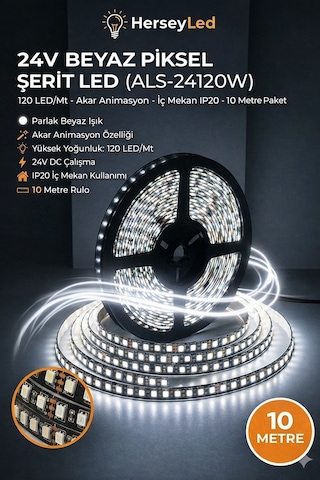24 Volt Beyaz Akar Yürüyen Piksel Şerit Led 2835 Çip 120 Led 10 Metre