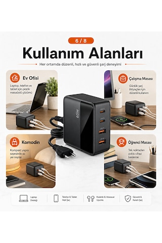 65w Gan Masaüstü Şarj Cihazı 4 Port 2 Usb-c 2 Usb-a Lcd Göstergeli