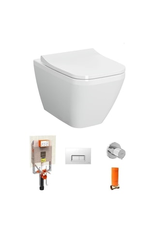 Vitra İntegra Square Kare Asma Klozet + Slim Duroplast Yavaş Kapak + Gömme Rezervuar Set Beyaz