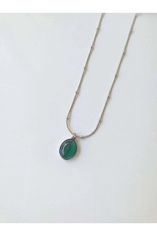 Çelik Silver Yeşil Taşlı Kadın Kolye - Emerald Sevgiliye Hediye