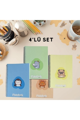 A5 Spiralli Sevimli Defter 40 Yaprak 4'lü Tamamı Çizgisiz