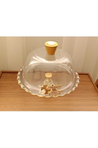 Elta Collection Gold Metal Ayaklı Cam Kapaklı Kek - Pasta Stantı Fanus Taşlı
