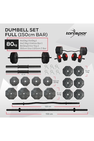 Tanspor 80 KG Dambıl Halter Full Kısa Bar + Z Bar + Düz Bar Seti Kırmızı Kapaklı