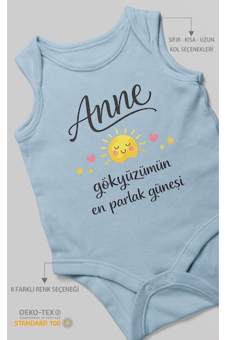 Morivokids Anne, Gökyüzümün En Parlak Güneşi Sıfır Kollu Bebek Body Bebe Mavisi