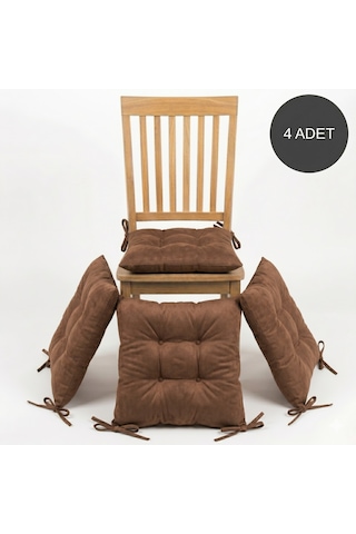 4 Adet - 40x40 Cm Lüks Süet Dokulu Kahverengi Sandalye Minderi - %100 Silikon Elyaf Dolgulu Yıkanabilir Minder
