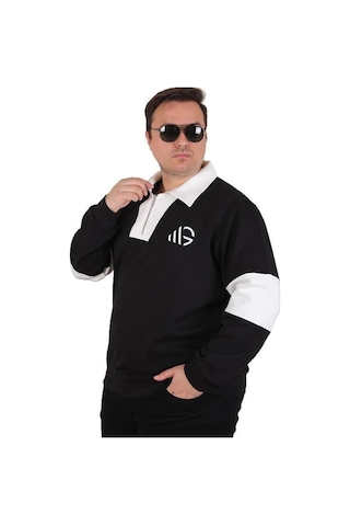 Starbattal Büyük Beden Polo Yaka Fermuarlı Sweat Double Face 25709 Sıyah Siyah