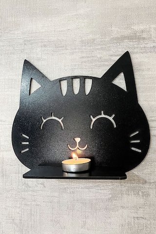 Dekoratif Kedi Duvar Rafı 3 Lü Set 20 Cm Duvar Mumluğu Siyah