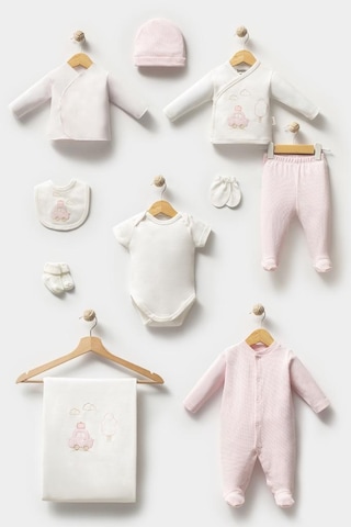 Bebitof %100 Pamuk Sevimli Araba Desenli 10 Parça Kutulu Yenidoğan Hastane Çıkışı Zıbın Seti Bbtf.pmb.10109 Pembe