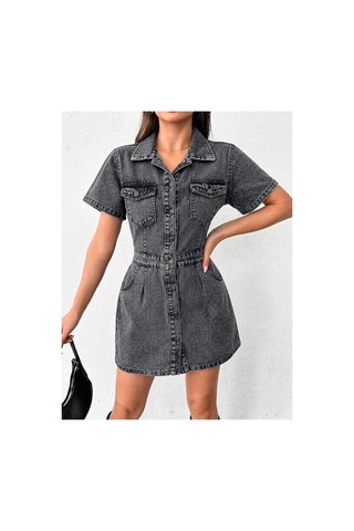 Kene Jeans Ön Arka Pensli Düğme Kapamalı Kar Siyah Elbise Kar Siyah