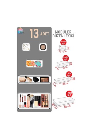 13 Parça Çekmece Içi Düzenleyici Modüler Makyaj Takı Kozmetik Aksesuar Şeffaf Organizer Şeffaf Tek Ebat Çok Renkli