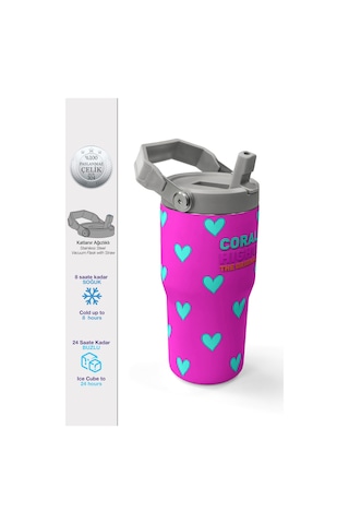 Coral High Neon Pembe Su Yeşili Kalp Desenli Katlanır Ağızlıklı Çelik Termos 600 Ml 38908 Pembe
