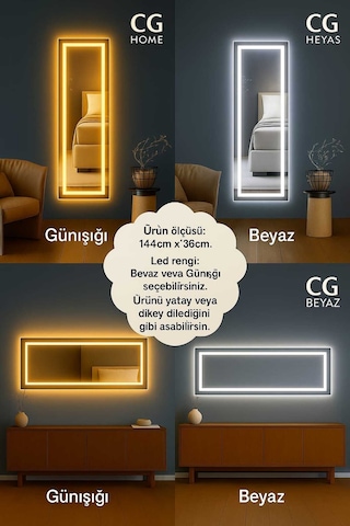 Biga Ledli Ayna, Dekoratif Ayna, Led Ayna, Salon Aynası, Konsol Aynası 144x36 Cm 140 Beyaz