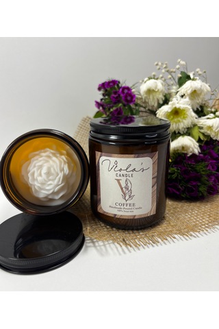 Violas Candle Amber Renk Cam Kavanoz Kahve Kokulu %100 Soya Wax Mum Beyaz