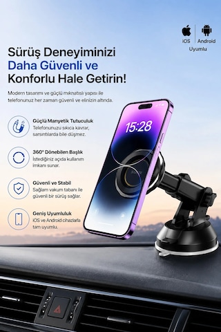 Exenar - Siyah - Araç Torpido Cam 360 Dönen Magsafe Telefon Tutucusu Manyetik Mıknatıslı Telefon Tutacağı Holder