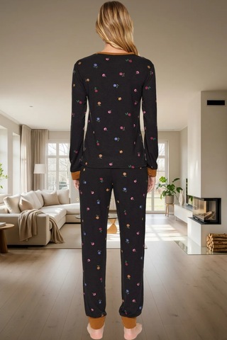 Ersefa Rahat Kesim %100 Pamuk Çiçek Desenli Pijama Takımı Modern Stil Gü Siyah