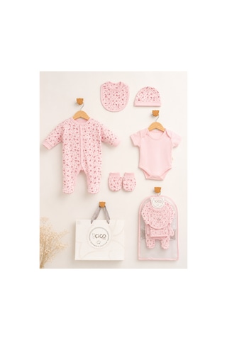 Omeca Concept 5'li Bebek Giyim Seti Kiraz Desenli Pembe Tulum, Body, Şapka, Önlük Ve Eldiven