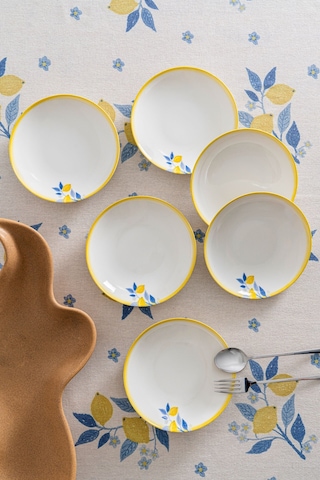 Limon Desenli 20 Cm Premium Porselen Yemek Tabağı - 6 Adet Beyaz - Sarı
