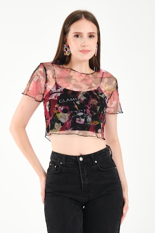 By Papi Baskılı Tül Crop Pembe