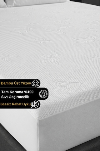 Safir Bambu Sıvı Su Geçirmez Tek Çift Kişilik Yatak Alezi Koruyucu Çarşaf Sessiz Fitted Full Kenar Beyaz