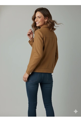 Kadın Taba Zarif Kısa Ceket Toka Detaylı Dik Yaka Cepli Süet/kaşe Baharlık Ceket Taba