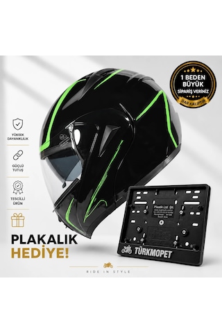 Vrt Çene Açılır Güneş Vizörlü Kask + Plakalık Siyah-yeşil