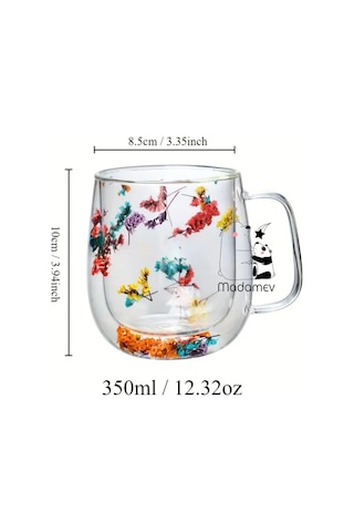 6'lı Çift Çidarlı Flower Cup Çiçekli El Yapımı Borosilikat Bardak 350 Ml Kulplu Kahve Sunum Bardağı Çiçekli