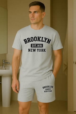Unisex Brooklyn Baskılı Bisiklet Yaka Gri T-shirt Gri Şort Gri