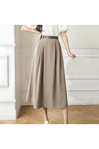 Qooth Bahar Kadın Yüksek Bel A-line Sashes Etek 2022 Yeni Stil Zarif Orta Uzunlukta Uzun Ofis Bayan Düz Etek Haki