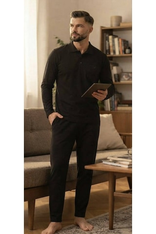 Erse %100 Pamuk Selanik Örme Uzun Kol Erkek Pijama Takımı Kışlık - 9019399256128 Siyah