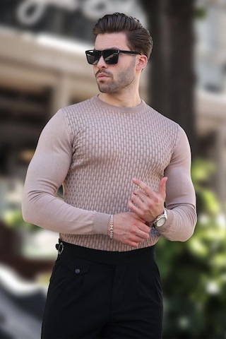 Madmext Bej Desenli Erkek Triko Kazak 7266 Bej